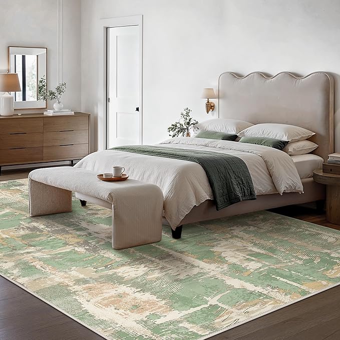 Washable Rug 8x10 Area Rug for Living Room Bedroom, Large Modern Abstract Rug Indoor Floor Carpets Low Pile No Shed Non-Slip with Rubber Backing Dining Room Kitchen Office (Green, 8'x10')