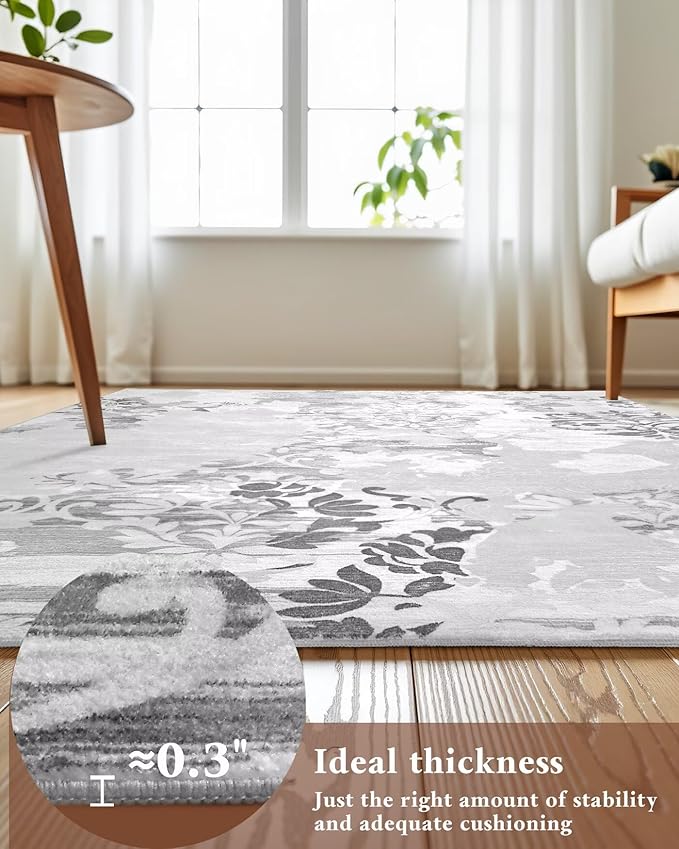 Washable Abstract Rug, 6x9 Classic Grey and White Floral Area Rugs with Non-Slip Rubber Backed for Living Room, Low Pile Modern Throw Carpet Bedroom Dining Room Decor
