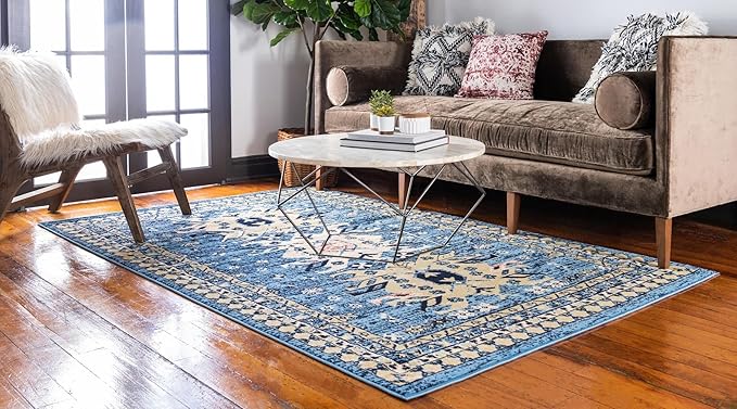 Unique Loom Taftan Collection Border Geometric Tribal Inspired Design Area Rug (8' 0 x 10' 0 Rectangular, Light Blue/ Gold)