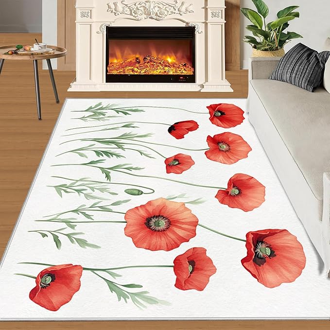 Little Red Flower Rugs for Bedroom - 6x9 Area Rug - Abstract 3D Flowers Rugs for Living Room, Modern Simple Art Rug, Non-Slip Washable Home Decor Carpet