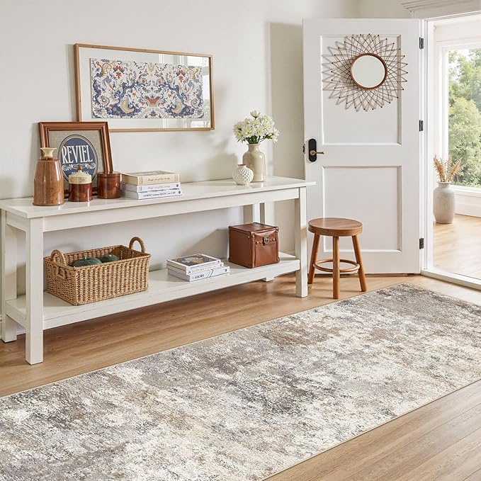 3X10 Washable Runner Rug for Hallway: Soft Neutral Modern Abstract Area Rug - Non-Slip Low Pile Long Throw Indoor Carpet for Kitchen Entryway Kitchen Bedroom Laundry- Brown Grey