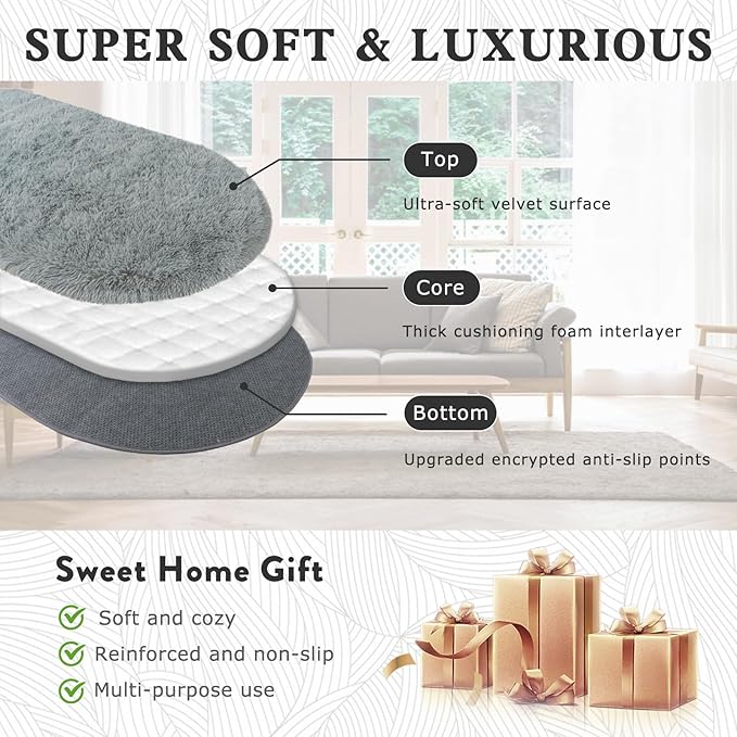 Soft Fluffy Area Rug for Bedroom, Fuzzy Shaggy Oval Throw Rugs for Bedside, Non-Slip Cozy Plush Shag Carpet for Kids Room Nursery Dorm Living Room, Grey, 2.6 x 5.3 Feet, 2 Packs