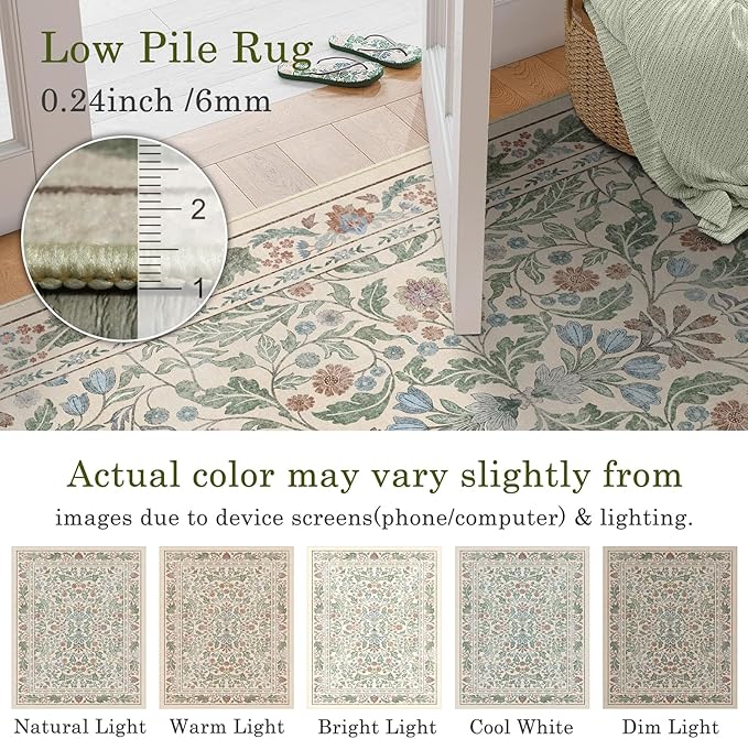 3x5 Washable Area Rug Floral Beige Entryway Small Rug Vintage Forest Low Pile Non Slip Stain Resistance Soft Carpet for Kitchen, Bedroom Beside, Laundry Room, Office Rug, Kids Room, Nursery Room