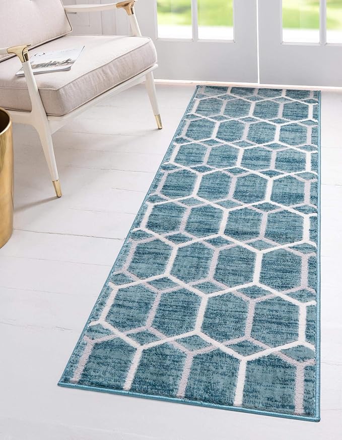 Rugs.com Lattice Trellis Collection Rug – 6 Ft Runner Blue Low-Pile Rug Perfect for Hallways, Entryways