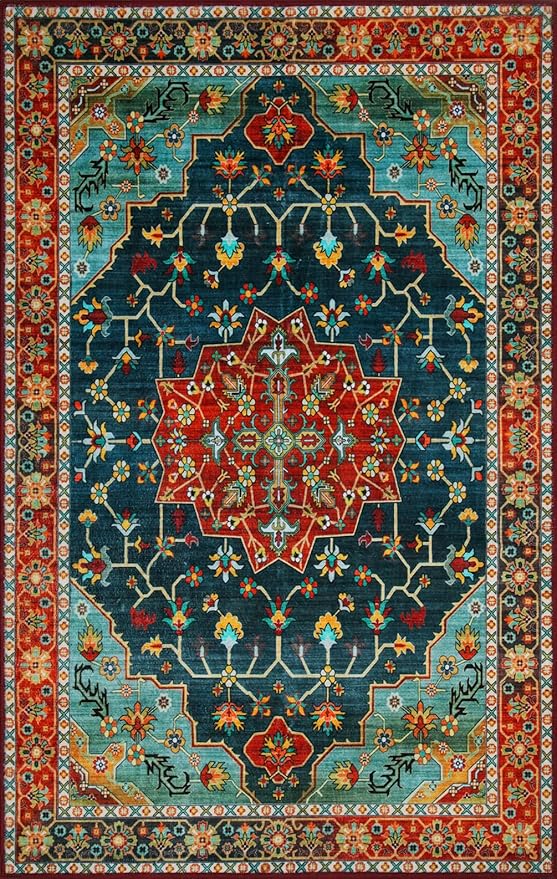 WILLSUN Washable Area Rugs, 2x6 Non-Slip Boho Area Rugs for Kitchen, Living Room, Bedroom, Machine Washable Vintage Rug, Indoor Floral Print Carpet for Home Decor, Kid & Pet Friendly Mat