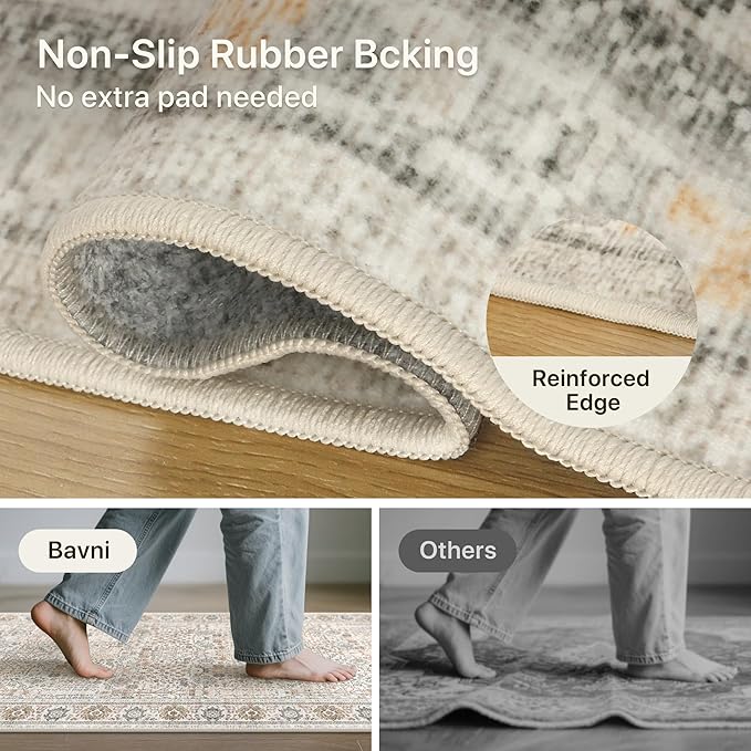Bavni 2'6''x6 Rug Runners for Hallways, Washable Runner Rug Non Slip, Vintage Floral Print Style Rugs for Bedroom-Lightweight Low Pile Carpet for Hallways Bathroom, Beige Gery