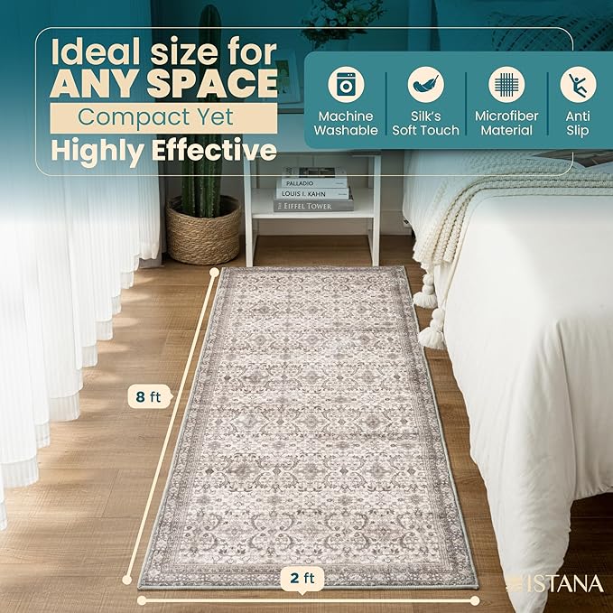 Istana Hallway Runner Rug 2x8 – Pale Rose Beige Entryway Rug -Silk's Soft Touch Runners for Hallways - Stylish Kitchen Runner Rug Non Slip