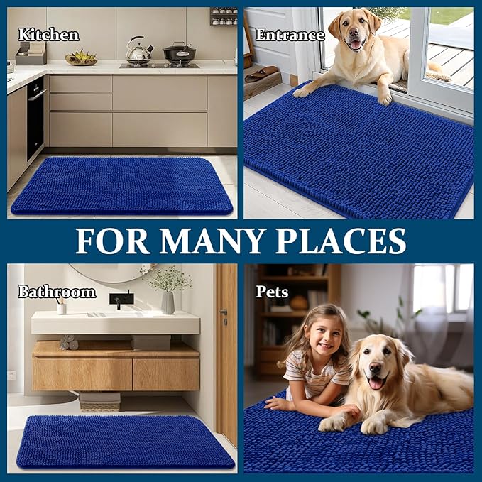 OLANLY Dog Door Mat for Muddy Paws 54x32, Absorbs Moisture and Dirt, Absorbent Non-Slip Washable Doormat, Quick Dry Chenille Mud Mat for Dogs, Entry Indoor Entryway Carpet for Inside Floor, Royal Blue