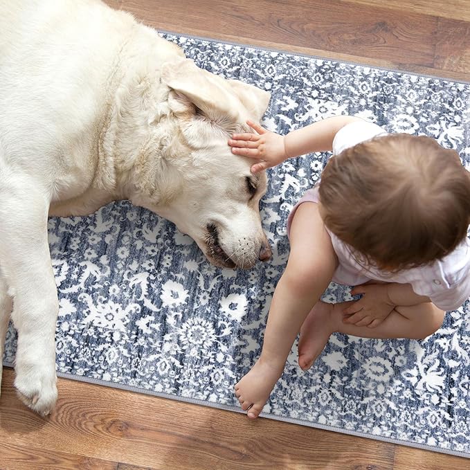 Vintage Runner Rug 2x12, Light Blue White Washable Long Kitchen Runner Non-Slip Floral Soft Hallway Rug Runner Thin Print Faux Wool Carpet for Entryway Bedroom Laundry Room Indoor Home Decor