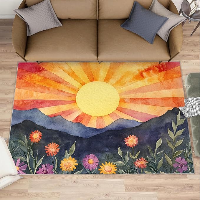 Boho Sun Area Rugs 6x8ft, Radiant Sunburst Living Room Area Rug, Geometric Solar Play Rug with Carpet Tape Double Sided for Bedroom Office Home Decor