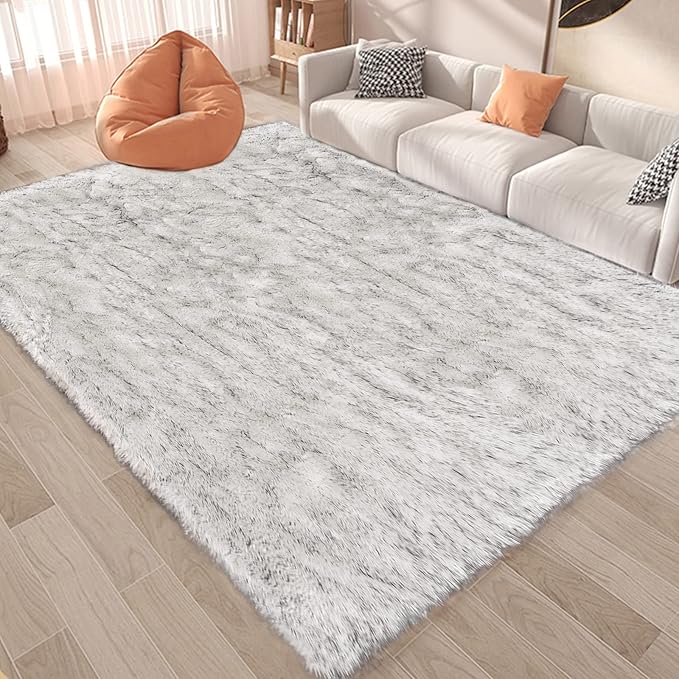 Latepis 6x9 Faux Sheepskin Rug for Living Room Fluffy Washable Rugs for Bedroom Luxury Room Decor White with Grey Tips Rug for Bedroom Fluffy Rectangle