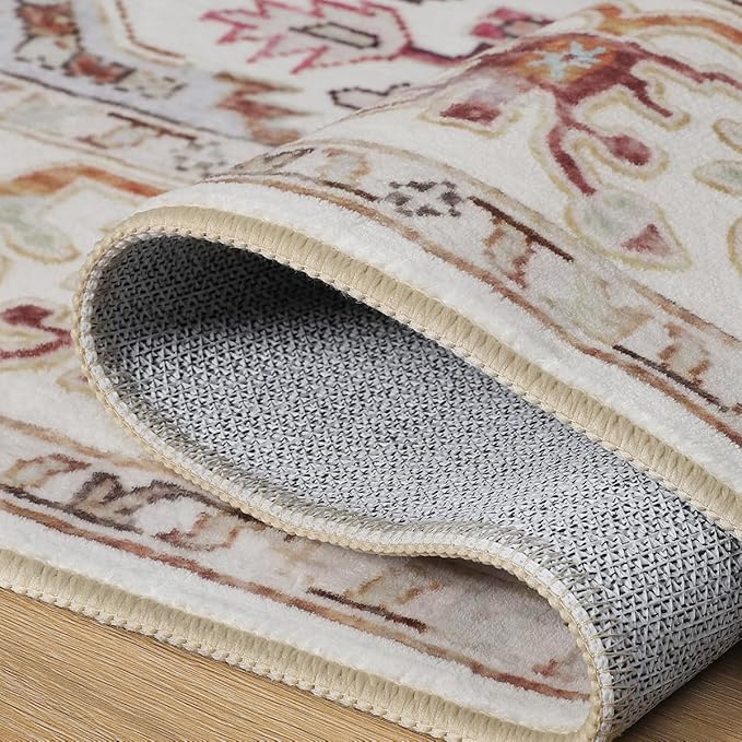 Large Area Rugs 6x9, Washable Vintage Rugs -Low Pile, Soft Plush Rugs for Bedroom, Kitchen, Dining Room, Stain Resistance, Non Shedding & Kid & Pet Friendly, Beige
