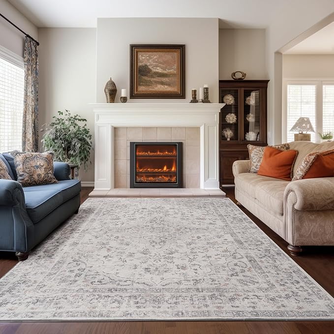Area Rug - 9x12 Large Dining Room Rug Soft Living Room Mat, Vintage Washable Indoor Floor Throw Carpet for Bedroom, Playroom, Home Office (Grey)