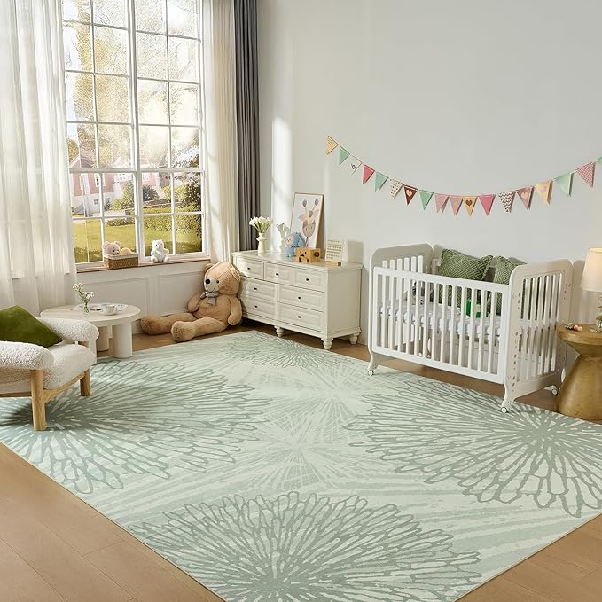 WITSHOCK 10x12 Washable Rug for Living Room,Modern Floral Distress Print Pattern Area Rugs,Stain Resistant with Non Slip Backing Carpet for Dining Room,Bedroom & Home Decor,Green/Light Green