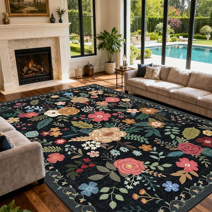 Extra Large 10x14 Area Rug for Living Room, Washable Rugs for Dining Room, Bedroom, Non Slip Stain Resistant Carpet, Low Pile Vintage Floral Rug (Black)