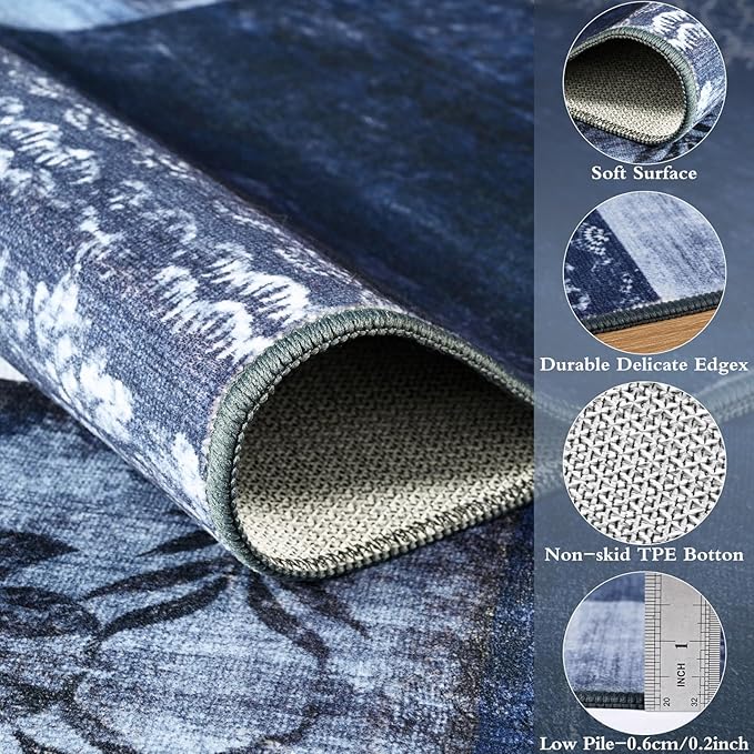 DweIke Washable Area Rugs for Living Room, 4x6 Soft Bedroom Rugs, Geometric Print Non-Slip Modern Rug, Stain Resistant Throw Carpets for Office Nursery Dining Room Home Dorm Decor, Navy Blue