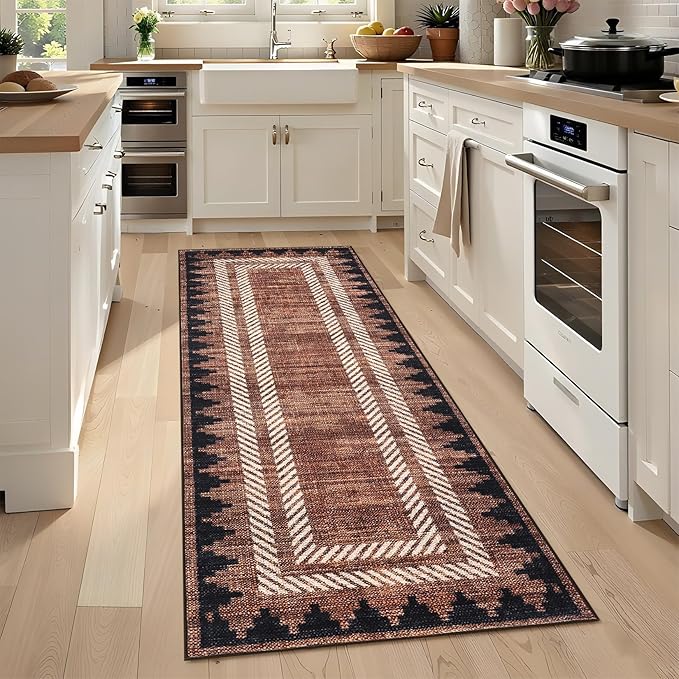 Modern Bordered 2x6 Kitchen Runner Rugs Non Slip Washable Geometric Non-Shedding Carpet for Entryway Hallway Foldable Soft Stain Resistant Low Pile Rug for Dining Room Bedroom, Brick Red