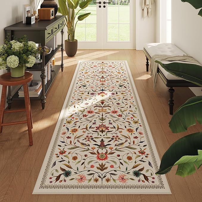 Vintage Medallion Floral Kitchen Runner 2x6, Machine Washable Rug, Soft Low Pile, Non-Slip Carpet for Hallways, Laundry, Bedroom, Bathroom, Entryway | Beige