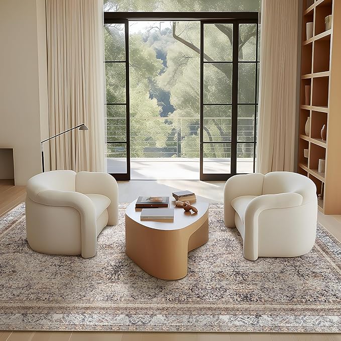 Phantoscope Washable Area Rug 5'x7' Non-Slip, Vintage Neutral Rugs for Living Room, Bedroom, Dining Room, Distressed Boho Floral Medallion Pattern, Low-Pile Foldable Floor Carpet, Light Brown