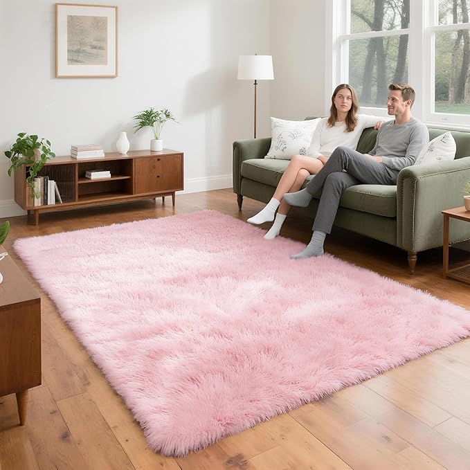 4x6 Solid Fluffy Pink Area Rug – Washable, Durable, Living Room Rug, Non-Slip High Pile Shag Rugs for Bedroom, Living Room, Bedside, Dorms, Nursery Rooms, Kids Room, Soft Indoor Floor Carpet