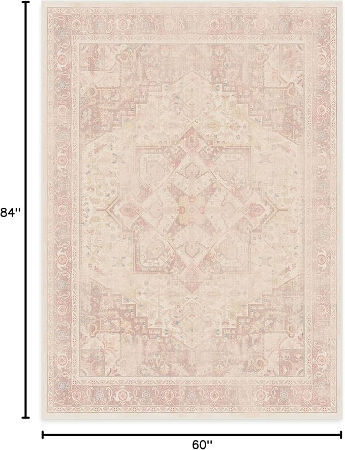 RUGGABLE Washable Area Rug – Kamran Soft Pink 5x7, Stain-Resistant, Non-Slip – Medium Machine Washable Rugs for Living Room, Bedroom, Hallway, Entryway & Office–with Cushioned Pad
