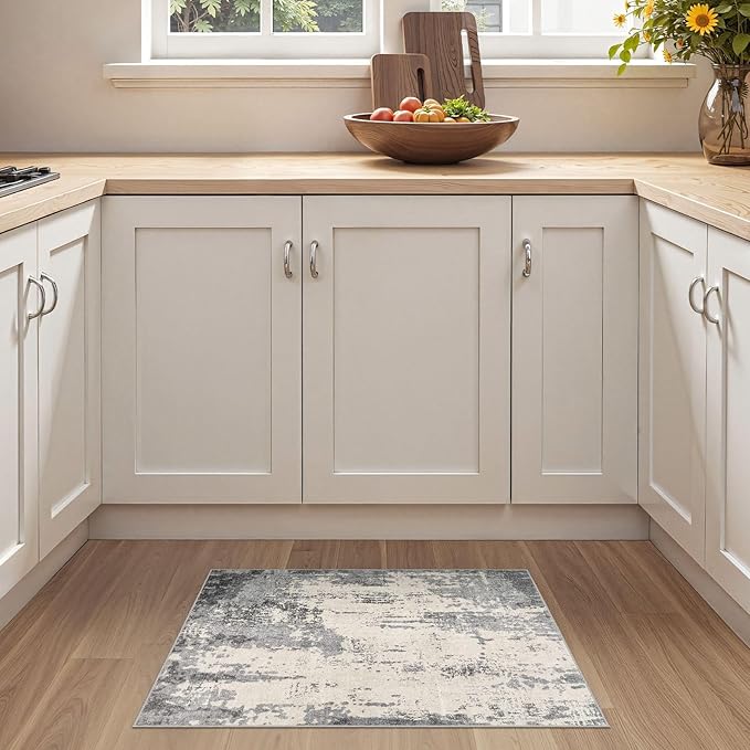 2x3 Entryway Area Rug: Washable Neutral Modern Abstract Small Rug - Non-Slip Low Pile Throw Indoor Carpet for Entrance Kitchen Front Door Mat Bathroom Entry Kids Room - Grey/Light Brown