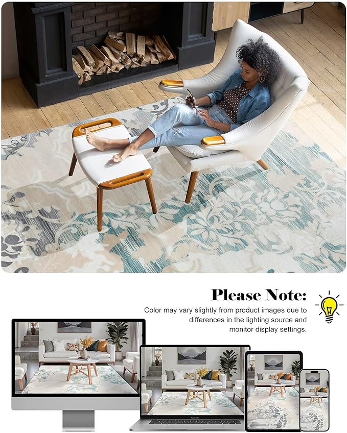 Washable Abstract Rug, 8x10 Ivory and Aqua Floral Area Rugs with Non-Slip Rubber Backed for Living Room, Low Pile Modern Throw Carpet Bedroom Dining Room Decor