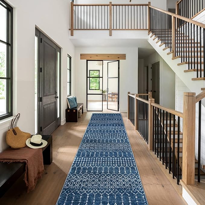 Lahome Moroccan Washable Kitchen Runner 2x8 Carpet Runners for Hallway 8Ft Low-Profile Non-Slip, Indoor Geometric Print Distressed Rug for Entryway Laundry Room Foyer, (Blue,2'x8')