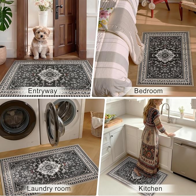 2' x 3' Black Washable Area Rugs, Non-Slip Entryway Rug, Boho Low Pile Door Mat Indoor Entrance, Floral Medallion Pattern Vintage Rugs for Kitchen Bedroom Bathroom Laundry Living Room Farmhouse