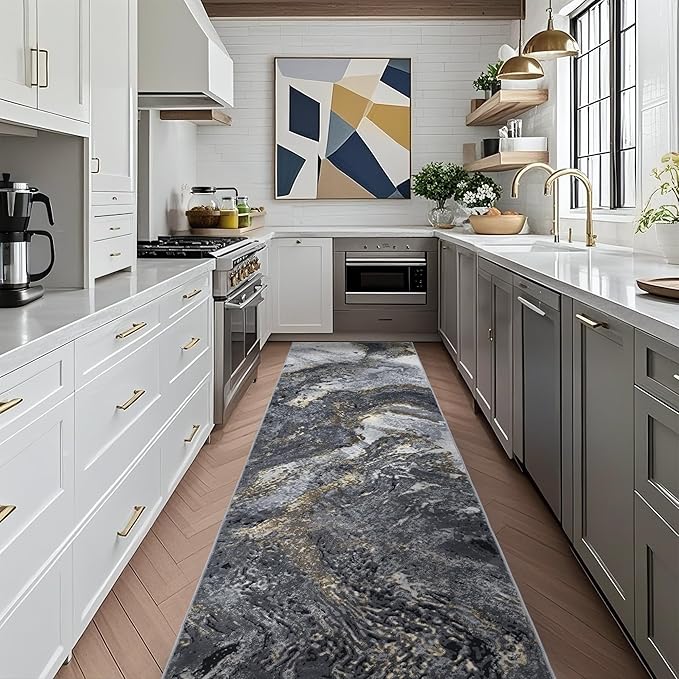 Abstract 2x10 Runner Rug: Modern Washable Rug for Entryway Hallway Bedside Kitchen Indoor - Non Slip Thin Low Pile - Black Gold