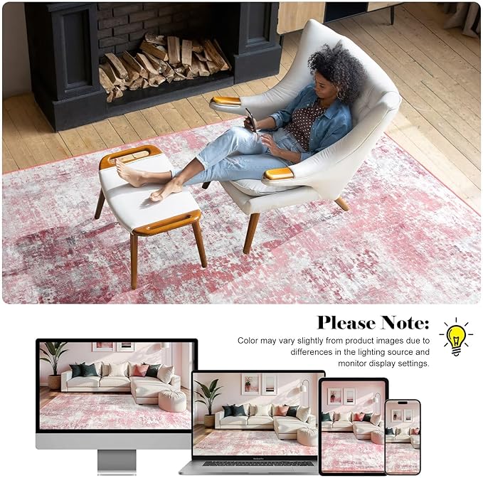 Washable Abstract Rug, 8x10 Modern Area Rugs with Non-Slip Rubber Backed for Living Room, Thin but Soft Contemporary Carpet Kitchen Bedroom Dining Room Decor, Pink