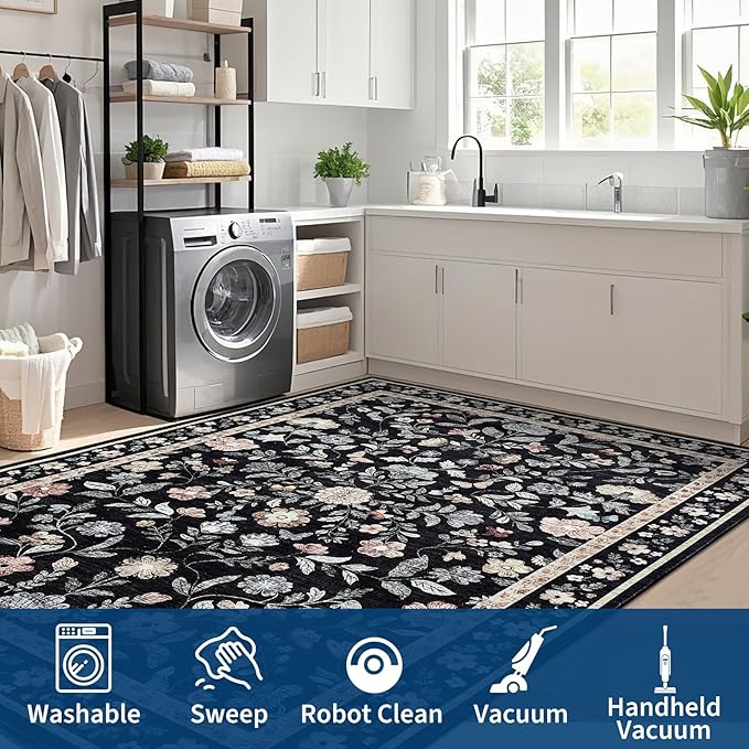 5x7 Washable Non-Slip Rug, Vintage Floral Area Rug for Living Room, Low Pile Farmhouse Distressed Carpet for Nursery Playroom Dorm Teens Office, Black
