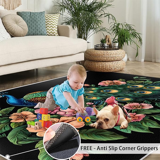 Peacock Peony Rugs for Bedroom - 4x6 Rug, Classic Peacock Peony Area Rugs for Living Room, Teal Turquoise Carpet, Floral Plant Washable Area Mat, Aesthetics Carpet - Peafowl Home Decor & Gifts