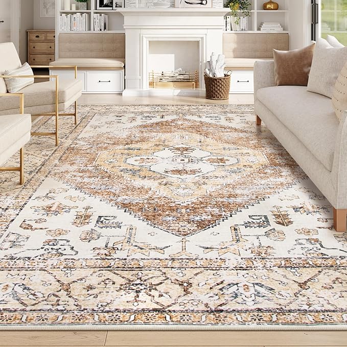 Lahome Rug for Living Room Machine Washable Area Rug 6x9 Boho Non Slip Bedroom Carpet Throw Ultra Thin Carpet for Dining Room, Farmhouse Neutral Print Soft Indoor Mat for Office Home (Taupe, 6'x9')