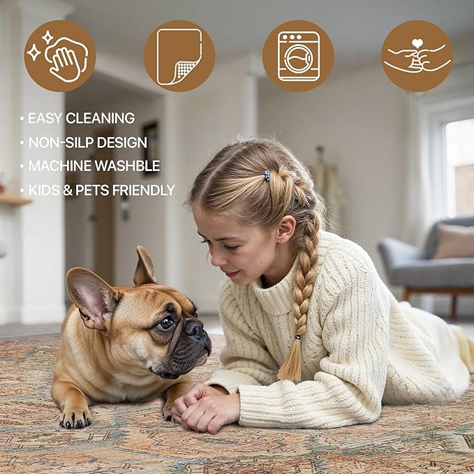 Bavni 2x3 Entryway Rug Bathroom Rugs for Front Door Bedroom Bathroom Kitchen, Washable Vintage Print Carpet, Ultra-Thin Chenille Lightweight Rug with Non Slip Backing, Clay