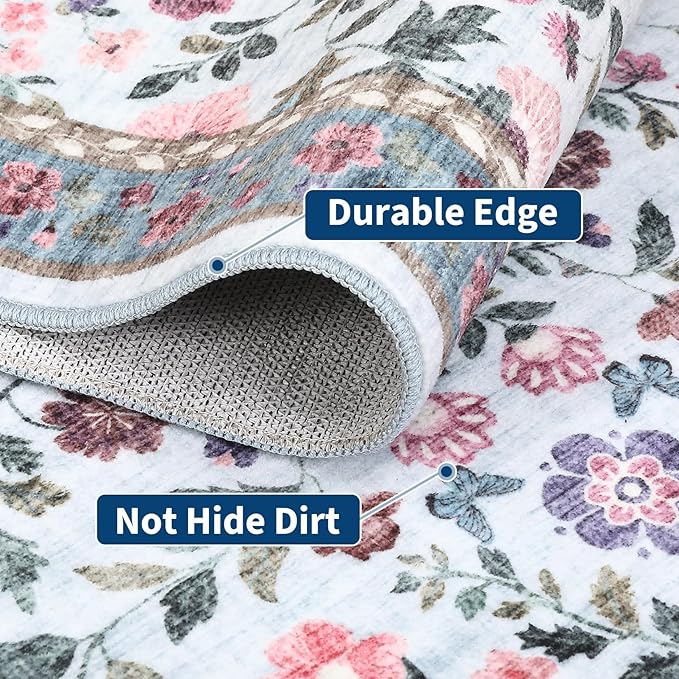 Floral Washable Rug 4x6, Non-Slip Low Pile Botanical Carpet, Vintage Farmhouse Area Rug for Bedroom Nursery Kids Room Home Decor, Light Blue
