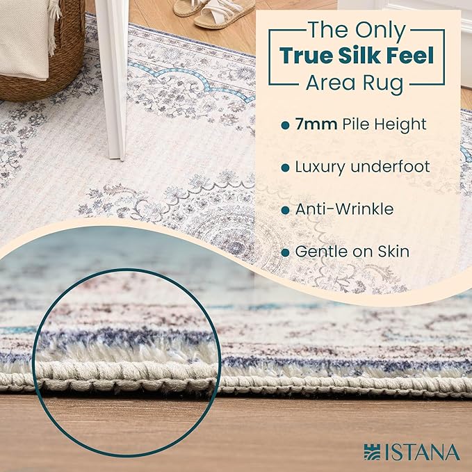 Istana 4x6 Rug - White Cream & Blue Area Rugs 4x6 - Kid & Pet Friendly Machine Washable Rugs - 4 x 6 Area Rug Non Slip & Non Shedding Area Rug - Foldable Rug for Room for Bedroom