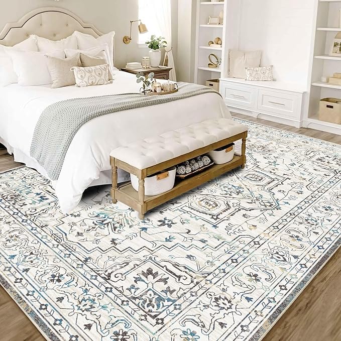 Enkor Area Soft Rugs 8x10 Washable Non Slip Boho Floor Rugs for Living Room Bedroom, Vintage Style Farmhouse Mat for Kitchen Entryway White & Grey
