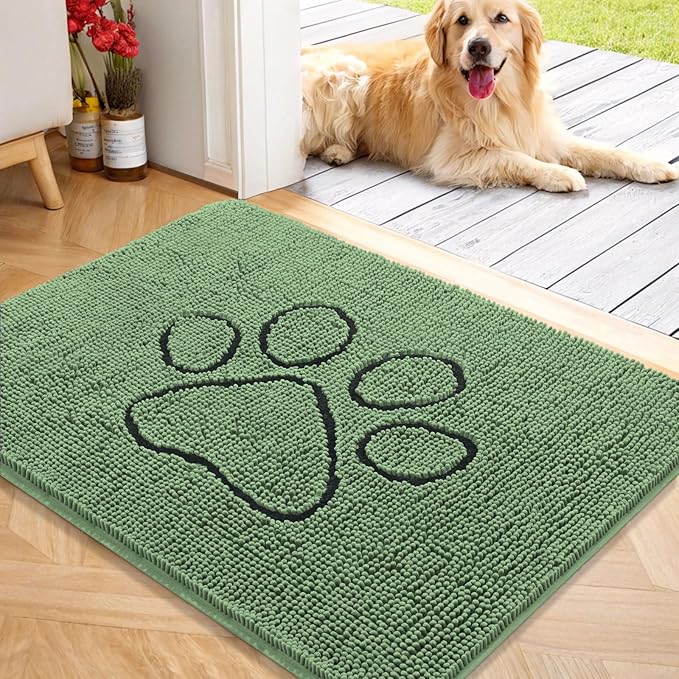 OLANLY Dog Door Mat for Muddy Paws 40x32, Paw Print Design, Absorbs Moisture and Dirt, Absorbent Non-Slip Washable Doormat, Quick Dry Chenille Mud Mat, Entry Indoor Entryway Carpet, Olive Green