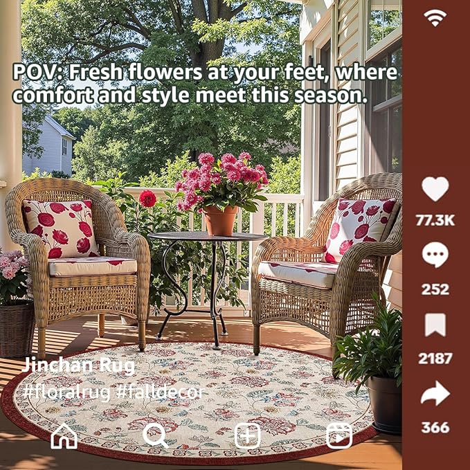 jinchan Elora 8ft Floral Round Rug for Dining Room Washable Living Room Rug Vintage Romance Design Non Slip Indoor Floor Cover Lightweight Low-Profile Throw Carpet for Bedroom Porch Patio, Red/Beige