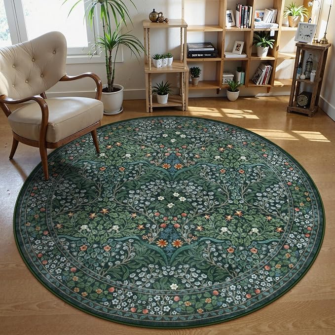 Lahome Floral Washable Round Area Rug, Soft Round Rugs 6ft Ultra-Thin Non-Slip, Boho Stain Resistant Large Circle Carpet for Bedroom Living Room Kitchen Nursery, Dark Green