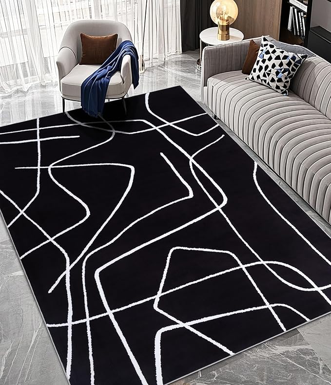 YIHOUSE Modern Washable Area Rug for Living Room Bedroom - Large Abstract Black and White Rug Non-Slip Ultra-Thin Home Decor (Dark Abstract, 6'x9'ft)