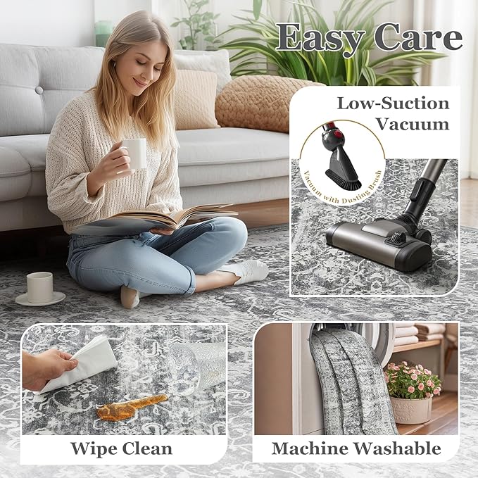 Vintage Neutral Large Area Rugs 9x12 for Living Room, Retro Grey Carpet Rug for Bedroom Dining Room, Washable Rug with Rubber Backing Low Pile Thin Soft for Family Room