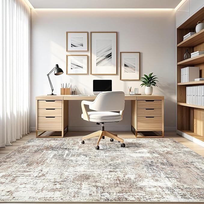 10x14Ft Area Rugs Living Room: Washable Large Abstract Modern Soft Rug Stain Resistant Indoor Floor Non Slip Accent Carpet for Bedroom Nursery Playroom Office Dining Room Dorm Home- Brown