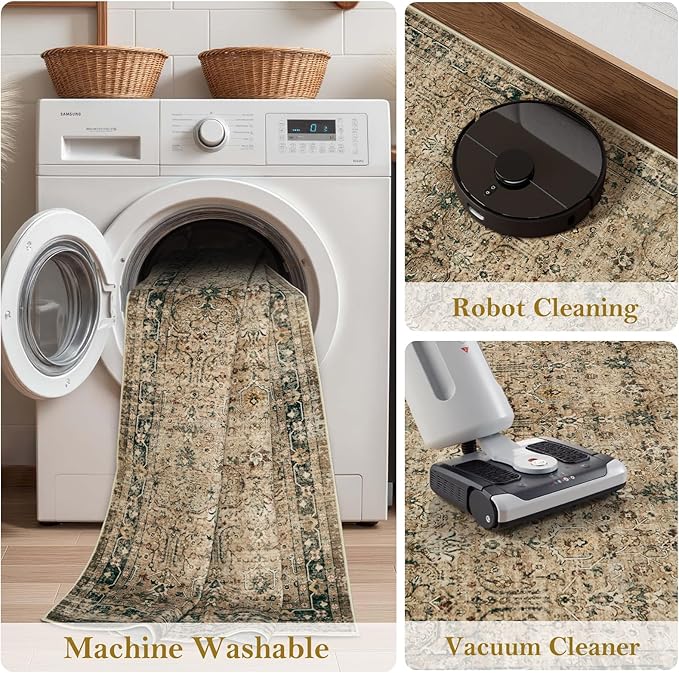 Moynesa Brown 8x10 Area Rugs for Living Room, Vintage Boho Washable Area Rug for Bedroom Dining Room Office, Low Pile Soft Non-Slip Retro Carpets for Kitchen Indoor Nursery