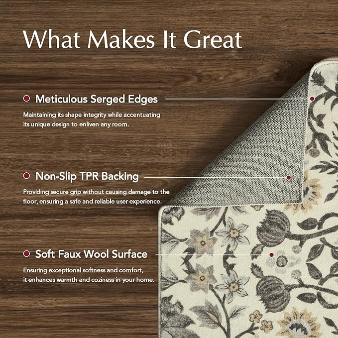 EVERGRACE Area Rugs for Living Room 4x6, Boho Floral Faux Wool Indoor Outdoor Rugs, Washable Rugs for Bedroom Entryway Dining Room Hallyway, Low Pile Floor Mat Carpet for Home Decor, Gray