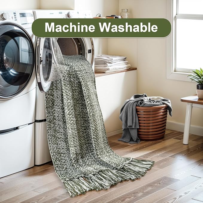 Collive Long Carpet Runners for Hallway 2x8ft, Washable Low Profile Front Entryway Rug Cotton Hand-Woven Kitchen Rug Runner, Olive Green/Cream Farmhouse Bedroom Rug for Laundry Room Entrance