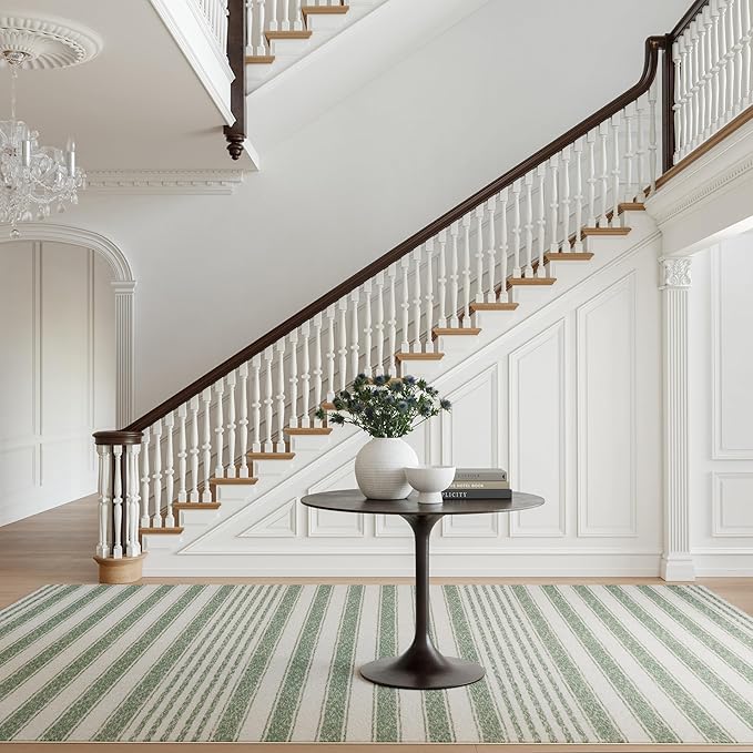 Dash & Albert Xaren Green Machine Washable Rug, 6 X 9 Feet, Green/Grey Stripe Pattern