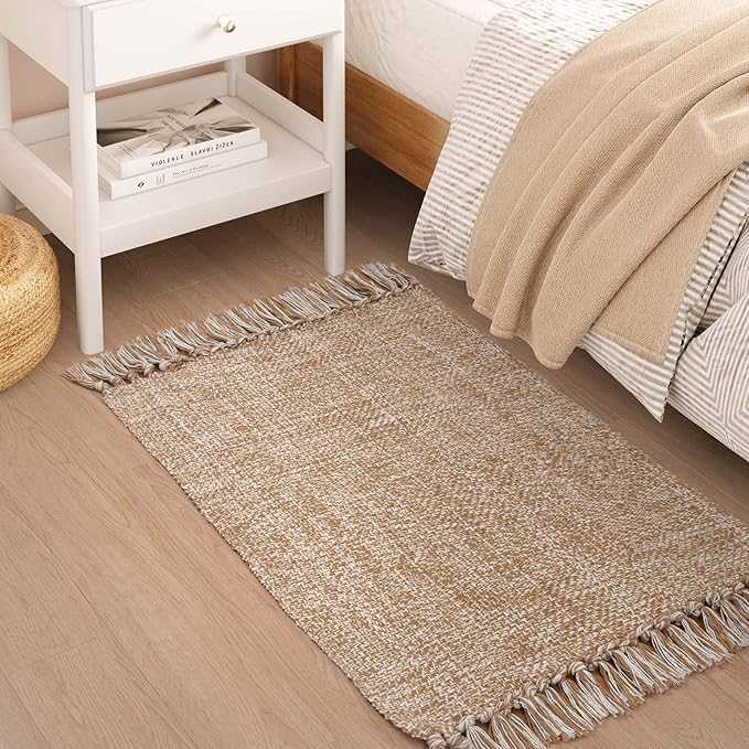 Collive Small Bathroom Rug, 2' x 3' Hand-Woven Low Profile Front Entryway Rug, Tan Cotton Reversible Washable Kitchen Mat Modern Farmhouse Carpet for Foyer Bedroom Back Door Decor