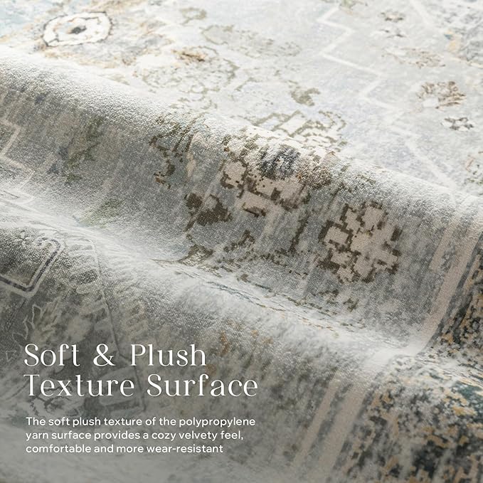 Phantoscope Washable Area Rug 9'x12' Non-Slip, Vintage Neutral Rugs for Living Room, Bedroom, Dining Room, Distressed Boho Medallion Pattern, Low-Pile Foldable Floor Carpet, Silver Grey/Taupe